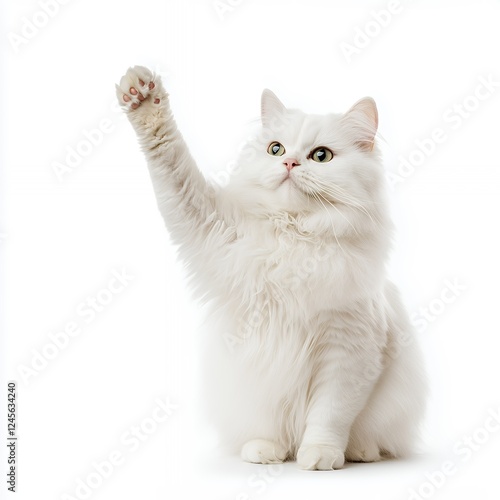 Adorable Fluffy White Longhair Cat with Heterochromia Iridum Raises Paw in Playful Studio Shot photo