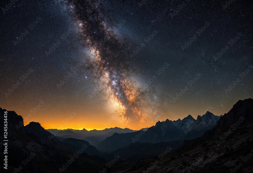 Fototapeta premium Majestic Night Sky Over Mountain Peaks Illuminated by the Milky Way. Generative AI
