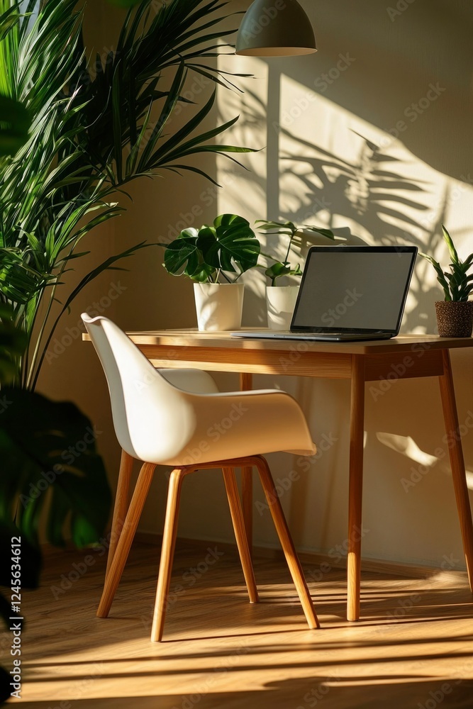 Fototapeta premium Sunlit Home Office Workspace With Plants and Laptop
