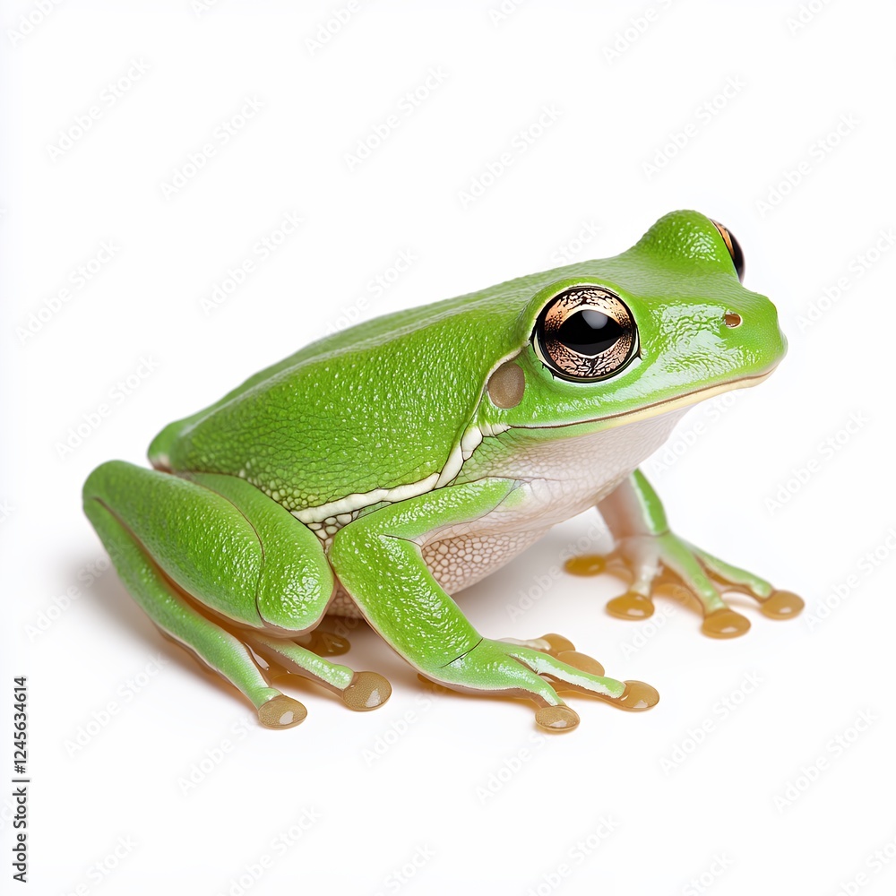 Vibrant Green Frog Close-up: Detailed View of Amphibian with Smooth Skin and Bright Eyes Isolated on White Background Vibrant Green Frog Close-up: Detailed View of Amphibian with Smooth Skin and Bright Eyes Isolated on White Background