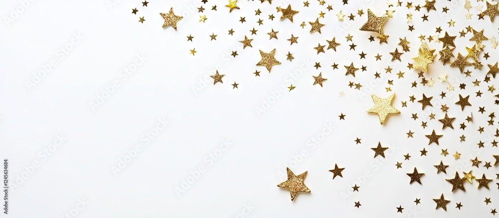 Fototapeta premium Gold stars scattered across a white background with ample empty space on the left for personal messages or notes in a greeting card design