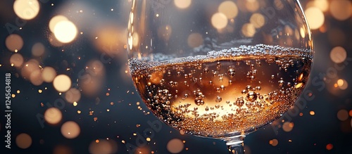 Sparkling wine glass brimming with golden bubbles set against a blurred backdrop of warm, glimmering lights enhancing its elegant allure photo