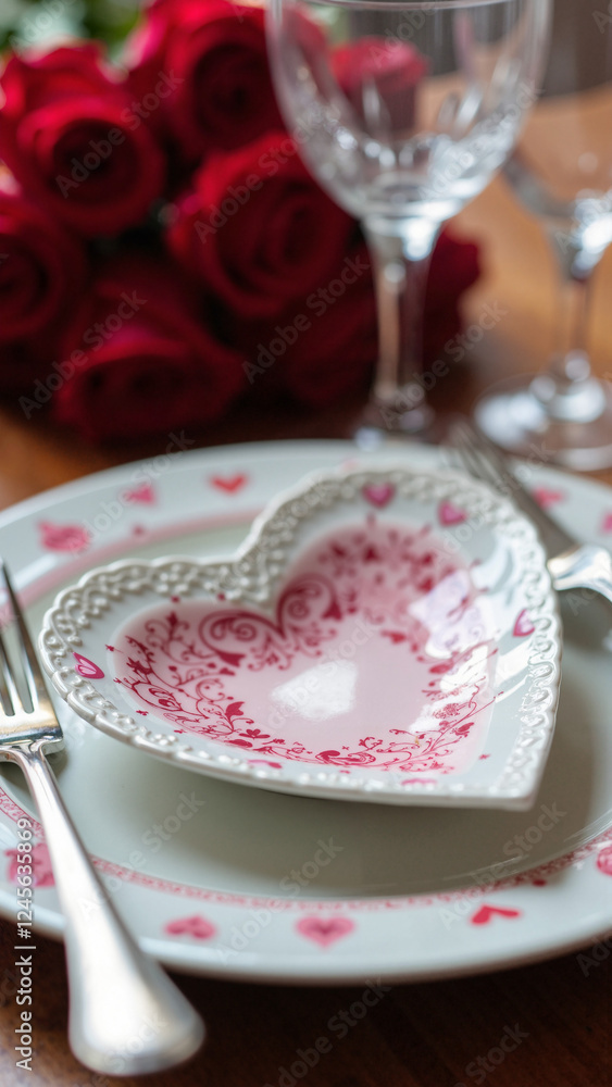 Elegant Valentine's Day Table Setting: Heart-Shaped Plate, Silver Cutlery, and Roses for Romantic Dining Promotions Elegant Valentine's Day Table Setting: Heart-Shaped Plate, Silver Cutlery, and Roses for Romantic Dining Promotions