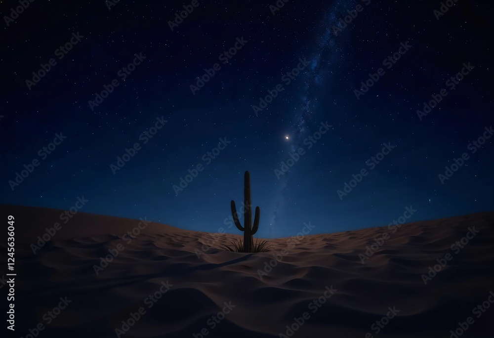 Fototapeta premium Night Sky Over a Solitary Cactus in the Tranquil Desert Landscape. Generative AI