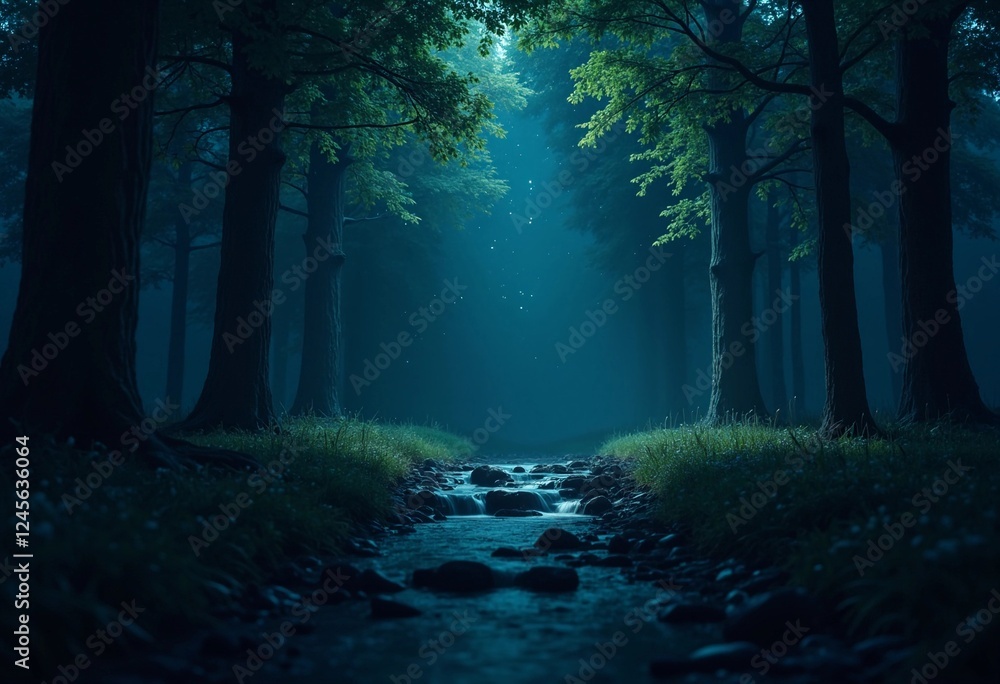 Fototapeta premium Mysterious Forest Stream Illuminated by Soft Moonlight at Twilight. Generative AI