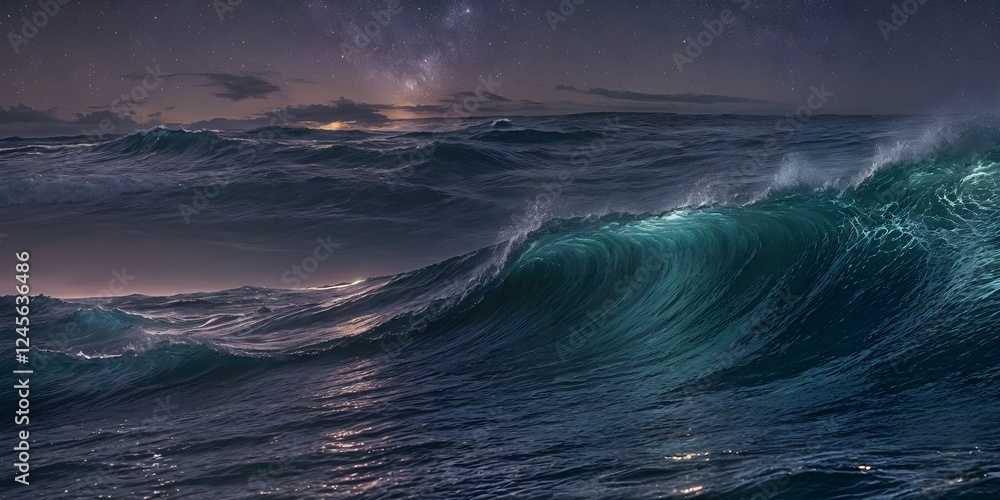 Fototapeta premium Ocean waves under the night sky, glowing with bright, galaxy-inspired colors