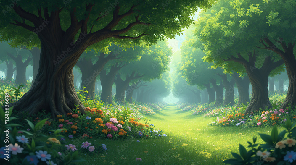Obraz premium Lush orchard, akin to magic-infused anime settings.