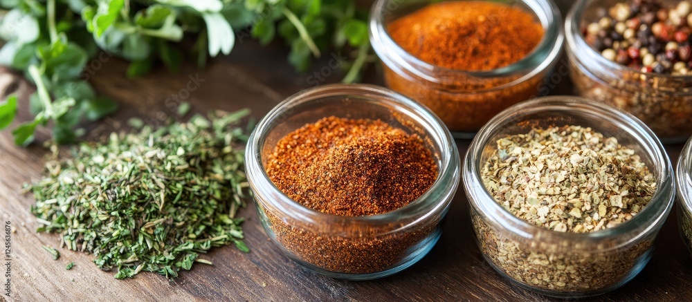 Herb and spice blend in glass jars arranged on wooden surface with green herbs on left side showcasing vibrant colors for BBQ season Herb and spice blend in glass jars arranged on wooden surface with green herbs on left side showcasing vibrant colors for BBQ season