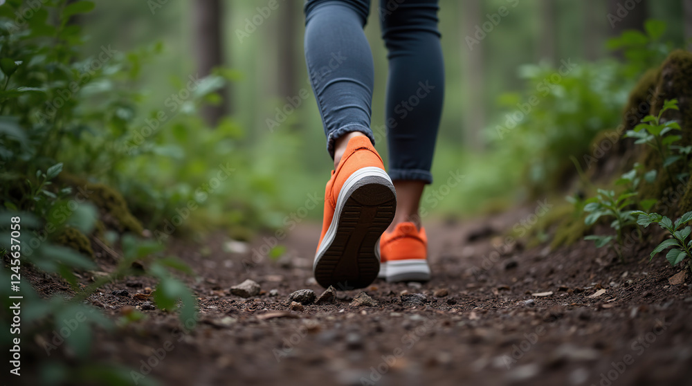 Woman in forest with orange sneakers, outdoor adventure. Woman in forest with orange sneakers, outdoor adventure.