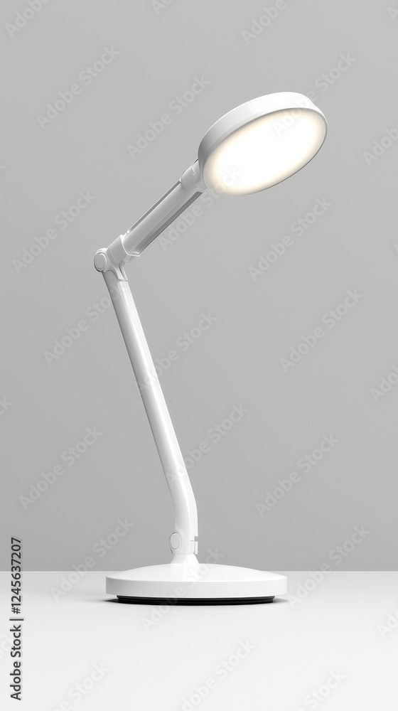 Modern white desk lamp with adjustable arm, providing bright illumination in a minimalistic design. Modern white desk lamp with adjustable arm, providing bright illumination in a minimalistic design.