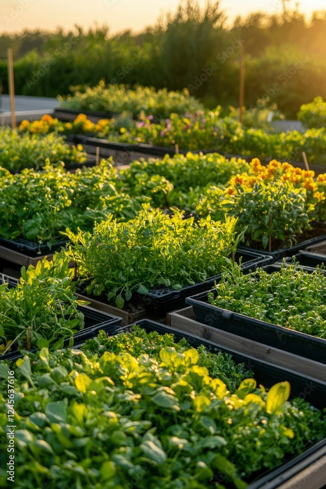 Obraz premium Golden Hour Illumination on a Rooftop Garden of Lush Greens