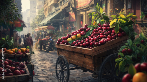 A cart full of fruit is being pushed down a street
