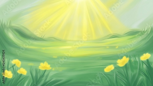 Sunny meadow, green hills, spring flowers, digital art, website background