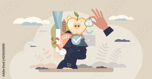 Mindful eating focuses on awareness and appreciation of food. Key objects, head silhouette, fruits, hand. Tiny style