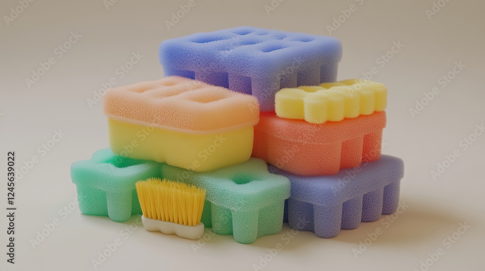 A set of colorful sponges and dish brushes arranged in a small container. A set of colorful sponges and dish brushes arranged in a small container.