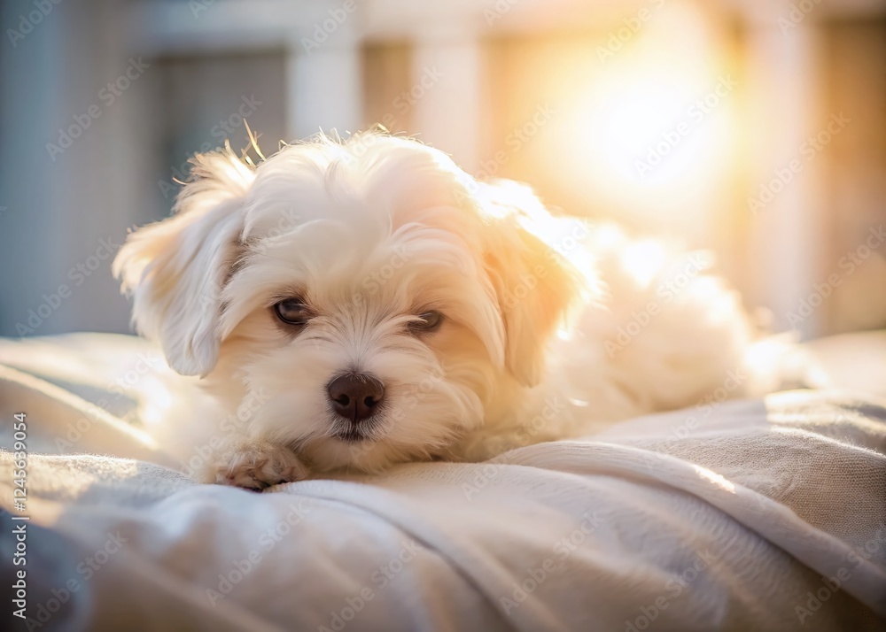Fluffy Maltese Puppy Sleeping on Bed - Adorable Long Exposure Pet Photo Fluffy Maltese Puppy Sleeping on Bed - Adorable Long Exposure Pet Photo