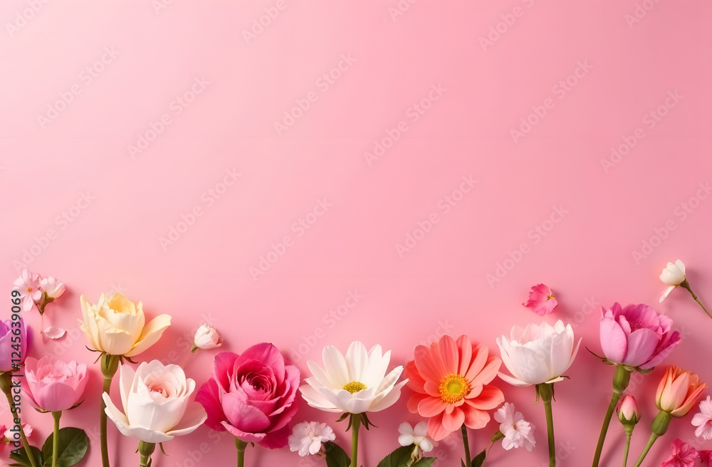 Holiday background for Women's Day, Mother's Day, Spring Sale. Background with different colors on a soft pink background with space for text. Background for advertising, banner, postcards. Holiday background for Women's Day, Mother's Day, Spring Sale. Background with different colors on a soft pink background with space for text. Background for advertising, banner, postcards.