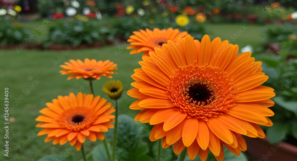 Vibrant Gerbera Daisies: A close-up captures a cluster of radiant orange Gerbera daisies, their petals unfurling in the warm embrace of sunlight against blurred background of garden. Vibrant Gerbera Daisies: A close-up captures a cluster of radiant orange Gerbera daisies, their petals unfurling in the warm embrace of sunlight against blurred background of garden.