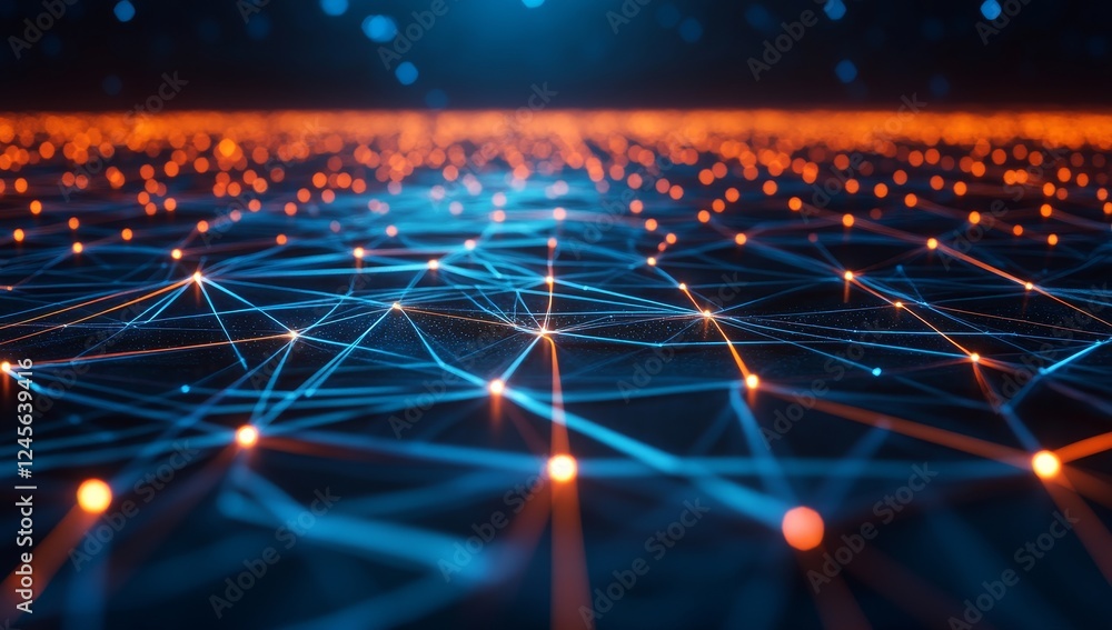 Network connection nodes glowing, digital landscape, abstract background, tech presentation Network connection nodes glowing, digital landscape, abstract background, tech presentation
