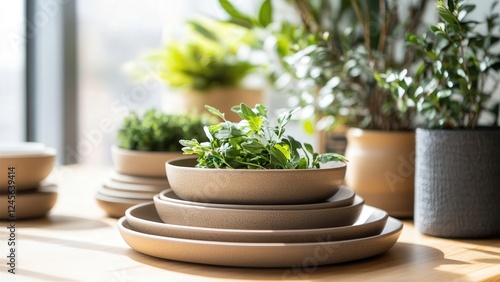 Wallpaper Mural Fresh Herbs and Minimalist Dishware Setup in Natural Light Torontodigital.ca
