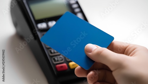 Close-Up of Hand Holding a Debit Card Against an EDC Machine – Cashless Payment and Digital Transactions