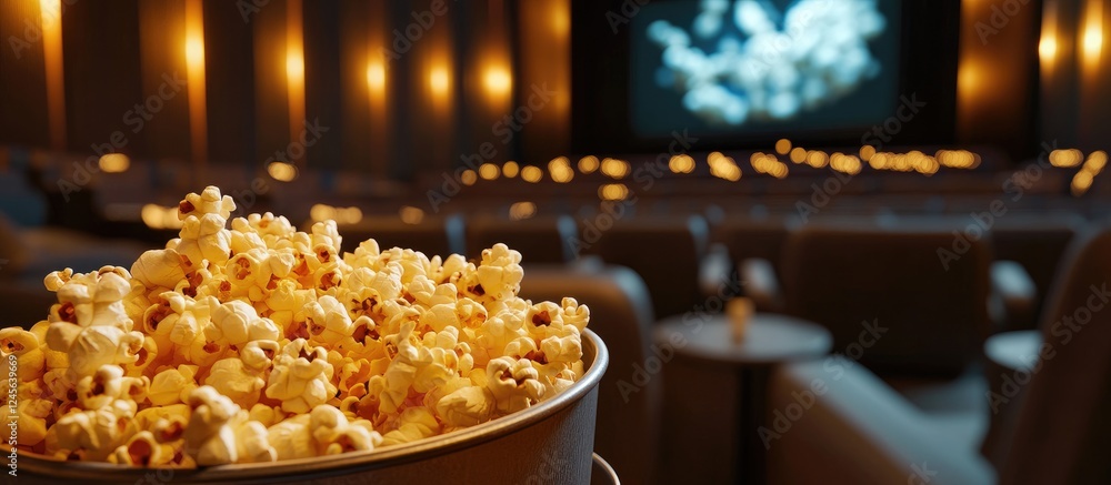 Cozy cinema lobby with warm yellow lighting popcorn bucket in foreground inviting ambiance enhances moviegoers experience blurred screen backdrop Cozy cinema lobby with warm yellow lighting popcorn bucket in foreground inviting ambiance enhances moviegoers experience blurred screen backdrop