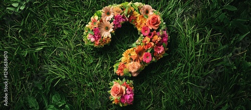 Fototapeta Naklejka Na Ścianę i Meble -  Floral question mark composed of colorful flowers in shades of pink, orange and yellow on lush green grass creating a vibrant artistic display