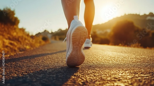 Woman's feet walking on country road at sunset photo