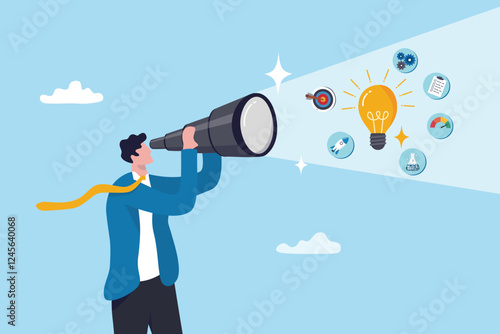 Product discovery, market trend research, testing and feedback, usability insights, prototype to launch product, demand evaluation concept, businessman discover light bulb idea through telescope.