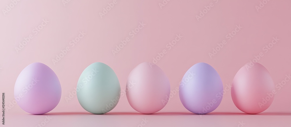 Minimalist Easter eggs in purple, pink, and mint arranged in a row on a soft pink backdrop, showcasing open space for holiday greetings. Minimalist Easter eggs in purple, pink, and mint arranged in a row on a soft pink backdrop, showcasing open space for holiday greetings.
