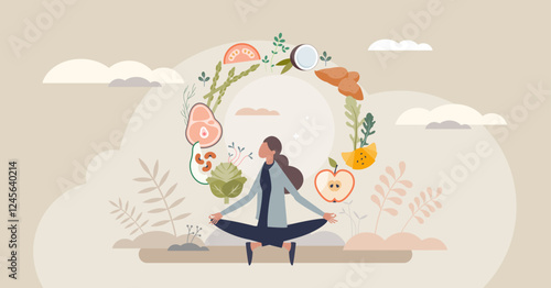 Mindful eating involves balance and awareness, symbolized by meditation and healthy foods like fruits and vegetables. Tiny style