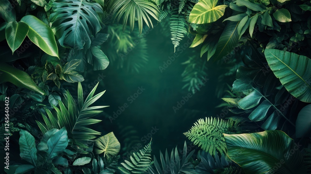 Lush tropical foliage frame, dark background, product display