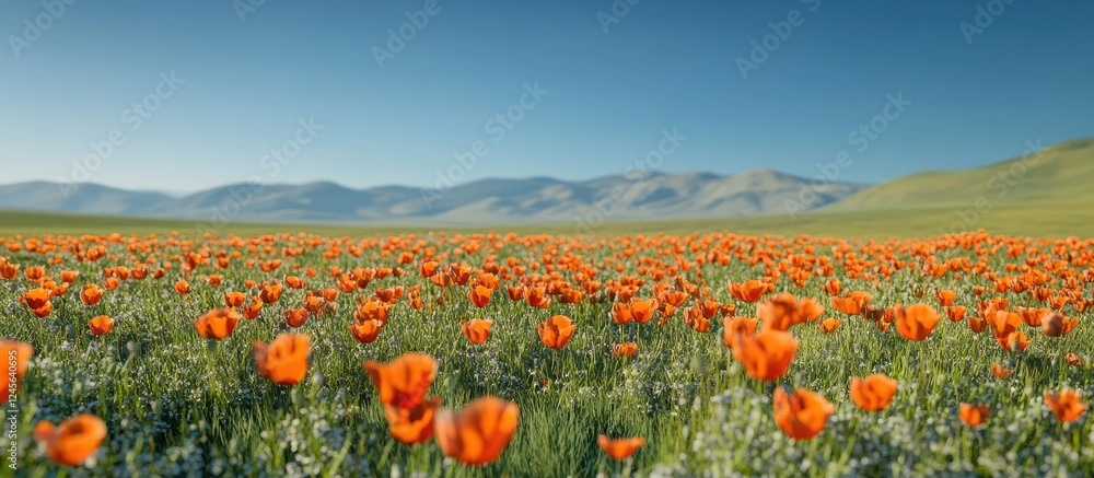 Vibrant orange mountain poppies in a lush green field under a clear blue sky with distant mountains creating a serene picturesque landscape. Vibrant orange mountain poppies in a lush green field under a clear blue sky with distant mountains creating a serene picturesque landscape.