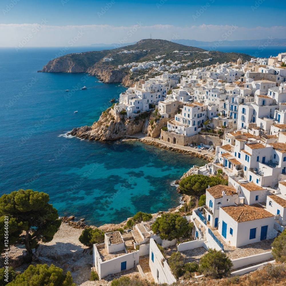 A picturesque Mediterranean coastal town with white-washed buildings, blue shutters, and stunning views of the sea. A picturesque Mediterranean coastal town with white-washed buildings, blue shutters, and stunning views of the sea.