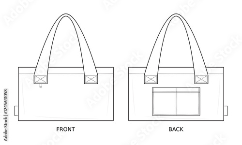 Tote Bag Technical Fashion Illustration. Rectangular Canvas Tote Bag Vector Template. Dual Shoulder Straps. Front and Back View. Large Capacity. Exterior Patch Pockets. Minimalist Bag. CAD Mockup set.