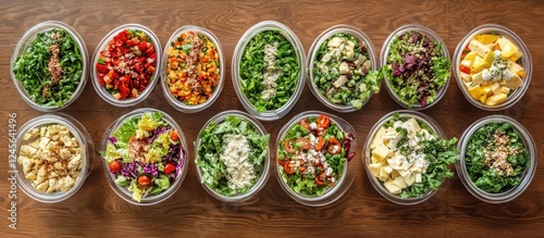 Colorful assortment of fresh salads in clear bowls arranged in two rows on a wooden table showcasing vibrant greens reds oranges and yellows photo