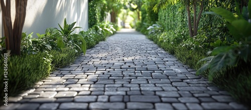 Lush green plants line a serene gray cobblestone pathway inviting leisurely strolls with soft natural light filtering through the trees above photo