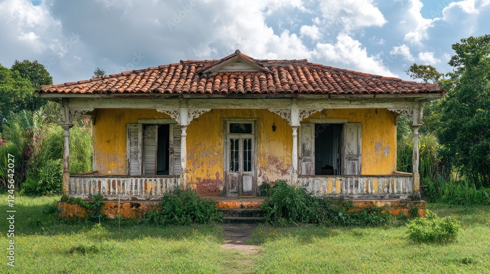 Rustic yellow house, decaying porch, rural landscape, overgrown
