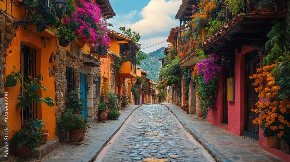 Fototapeta premium Colorful cobblestone street, vibrant buildings, mountain backdrop, flowers, ideal for travel, tourism, or hospitality