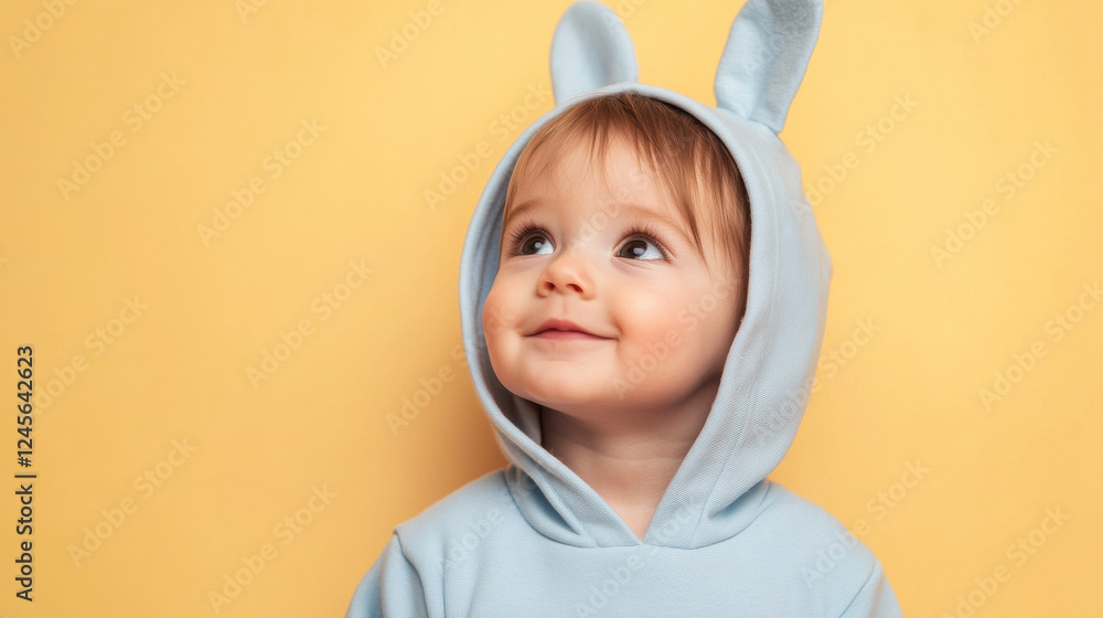 Smiling Spanish 2-year-old in blue hoodie, yellow background for Easter Smiling Spanish 2-year-old in blue hoodie, yellow background for Easter
