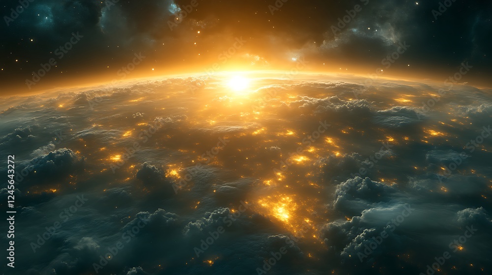 Fototapeta premium Golden Sunrise Illuminates Earthly City Lights Through Clouds