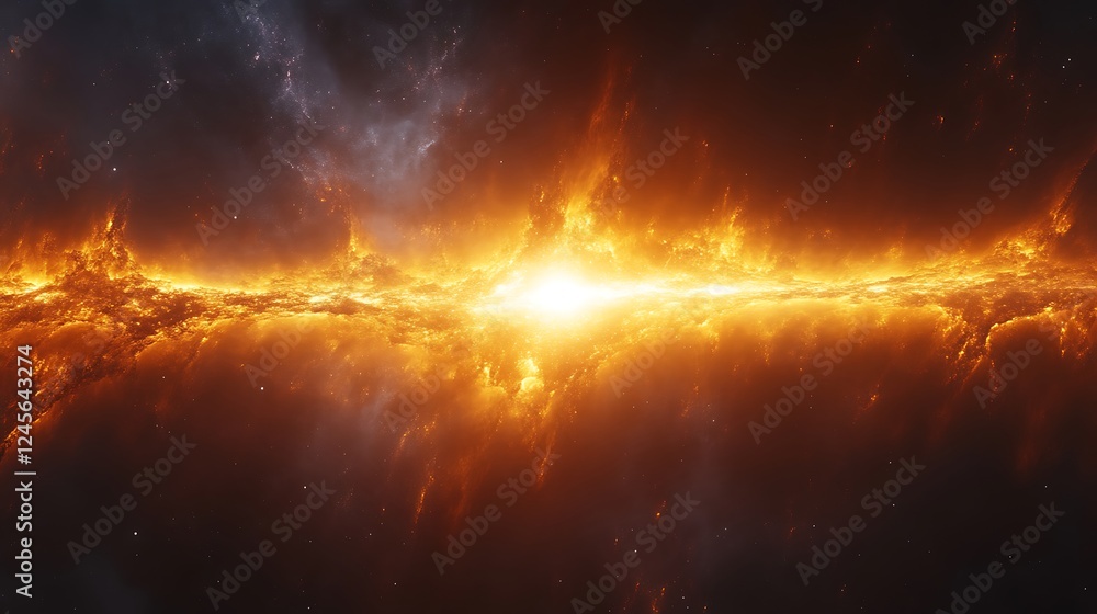 Fototapeta premium Fiery Cosmic Nebula Brightly Illuminates Deep Space