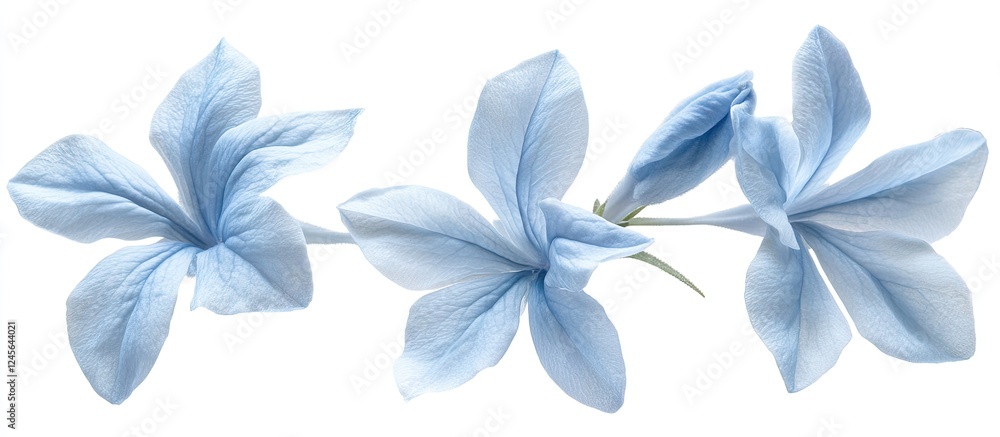 Obraz premium Delicate blue plumbago flowers arranged elegantly against a pristine white background highlighting their soft textures and gentle hues.
