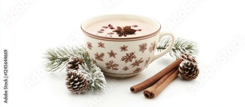 Cozy winter hot cocoa with cinnamon stick in a vintage cup on a white background with festive pine branches and pinecones for seasonal warmth photo