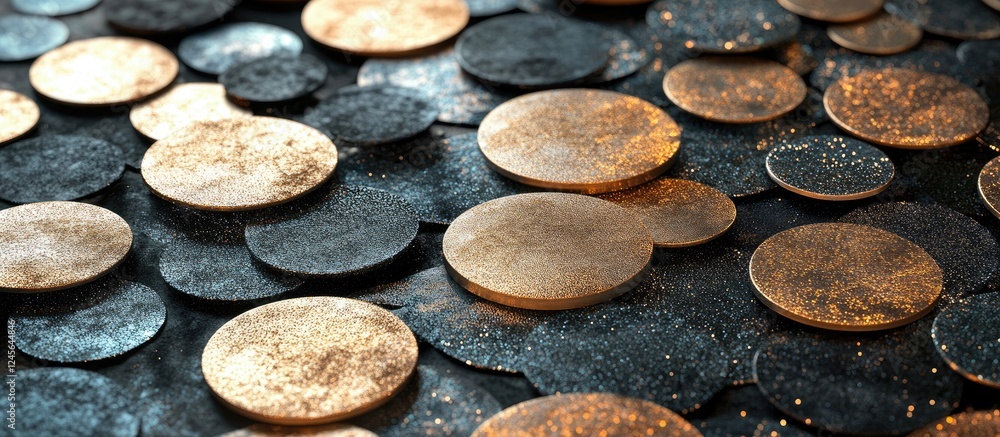 Sparkling gold and black overlapping circles create a mesmerizing visual on a dark background emphasizing depth and shimmer in a stunning composition Sparkling gold and black overlapping circles create a mesmerizing visual on a dark background emphasizing depth and shimmer in a stunning composition