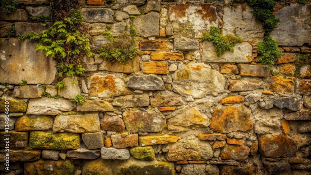 Rustic Stone Wall Texture Featuring Varied Sized Stones and Lush Greenery Rustic Stone Wall Texture Featuring Varied Sized Stones and Lush Greenery