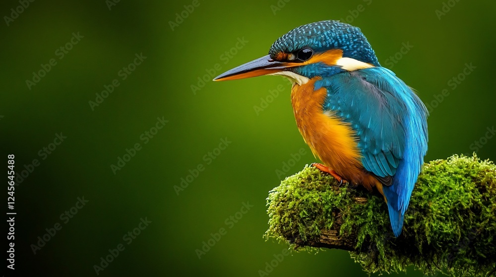 A colorful kingfisher perched on mossy wood. A colorful kingfisher perched on mossy wood.
