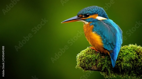 A colorful kingfisher perched on mossy wood.