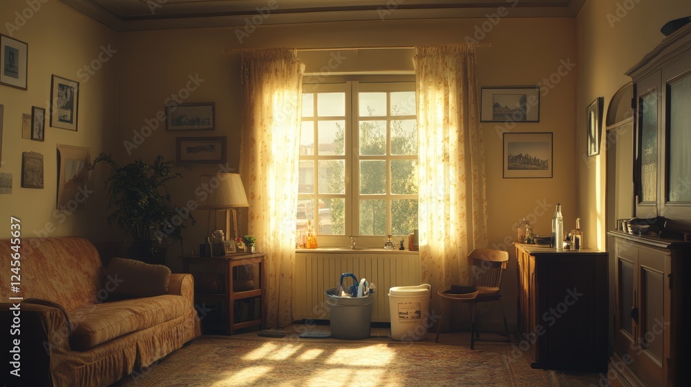 A well-lit living room with a cleaning bucket filled with essential supplies. A well-lit living room with a cleaning bucket filled with essential supplies.