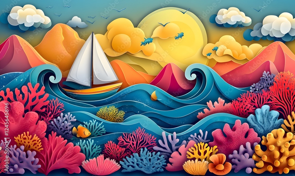 Fototapeta premium Sailboat on ocean waves, coral reef, sunset, paper art style, summer vacation